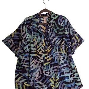 Catherines Womens Plus size  14 16W Blue Leaf Print Half Button Front Collar Top